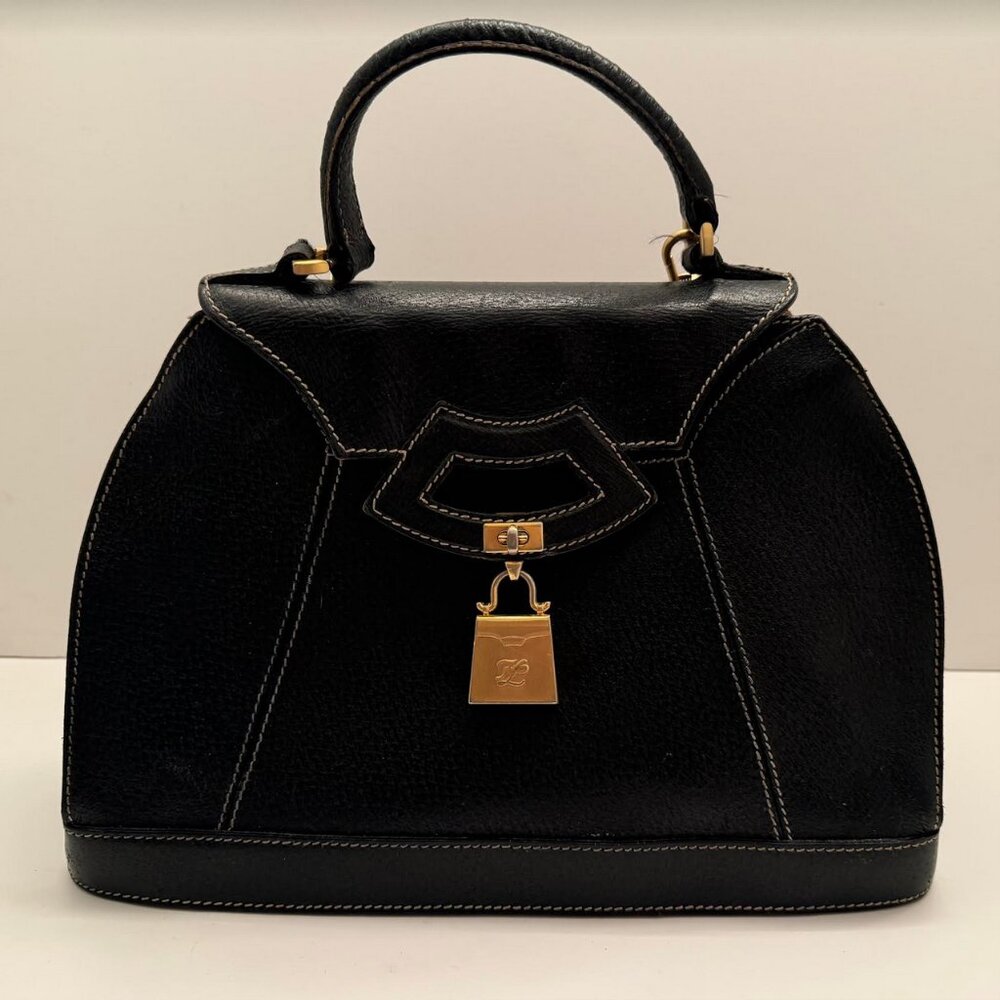 Rare find Karl Lagerfeld black  leather handbag with zip compartment gold logo